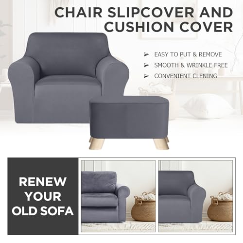 Chair and Ottoman Covers Slipcover Set Armchair Cover T Cushion Chair Slipcover Milk Silk Sofa Furniture Protector Couch Soft for Armchair Ottoman(Dark Gray) - Image 4