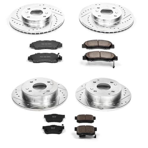 Image of PowerStop Front and Rear Brake Kit for Acura CL 1998-99 - Drilled and Slotted Disc Rotors with Carbon-Fiber Ceramic Brake Pads Replacement, K1238
