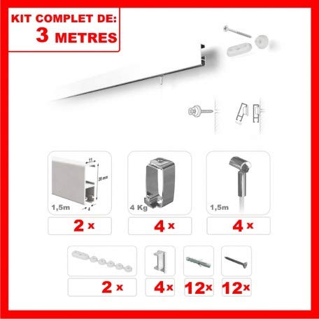 Stas Cimaises - Kit Complet de 3m de cimaise à Fil Cliprail - Blanc