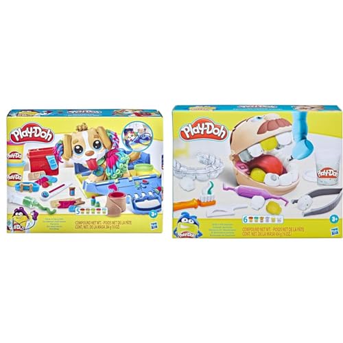 Play-Doh Kit Veterinario - Set con Cachorro de Juguete, transportín, 10 Herramientas, 5 Colores (F3639) + Juguete El Dentista Bromista niños a Partir 3 años con 8 Botes, no tóxico, Colores Surtidos