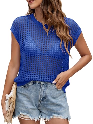 Image of Womens Summer Crochet Tops Hollow Out Cap Sleeve Cover Up Tank Top Pullover Sweater Vest Beach Vacation Clothes