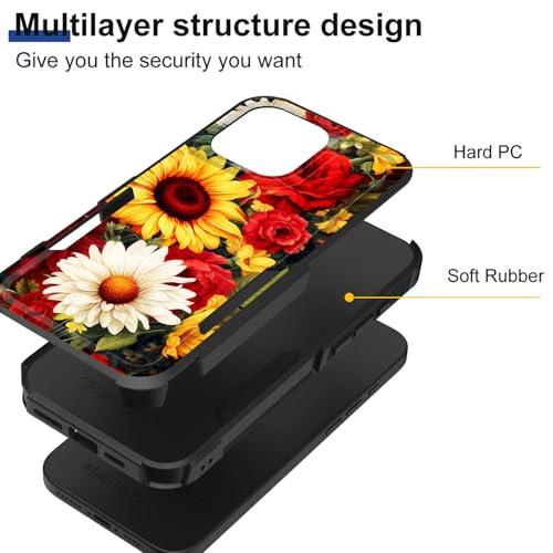 KJFHDJFDH for iPhone 16 Pro Case,Dual Layer Hybrid Heavy Duty Rugged Shockproof Hard PC +Soft Silicone Protective Case for iPhone 16 Pro 6.3 inch 2024,Sunflowers and Roses Pattern - image 2