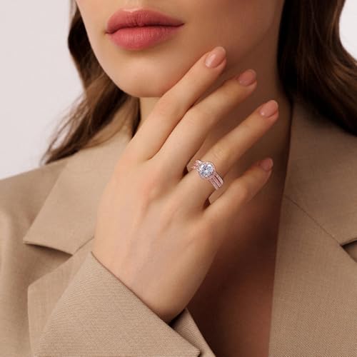 Wedding Ring Set for Women Three-in-One Engagement Rings 18K White/Rose Gold Plated Cubic Zirconia Promise Eternity Band Stackable Rings for Size 5-104