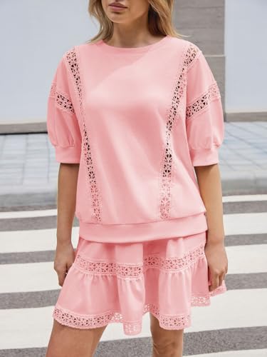 Fisoew 2 Piece Skirt Sets for Women Lace Trim Outfit Short Puff Sleeve Cute Sets Coquette Summer Going Out Outfits — view 6