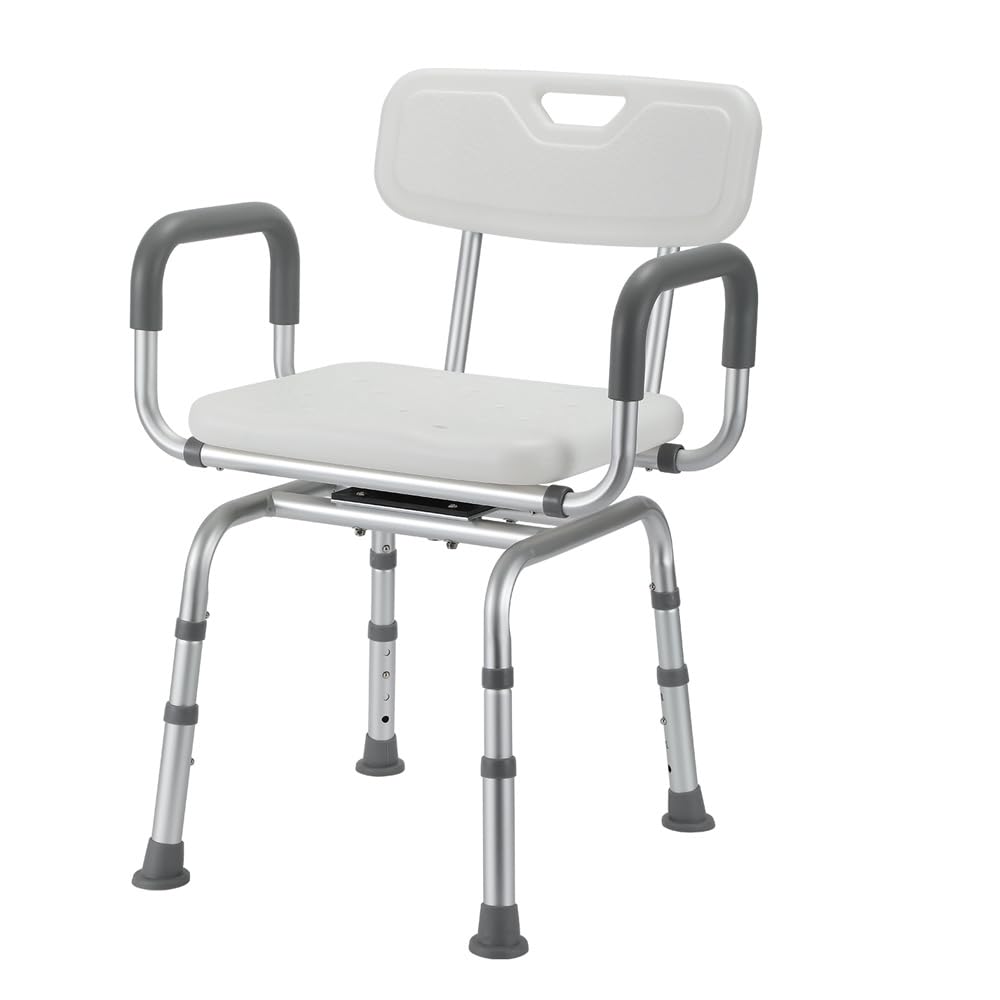 Krzesło prysznicowe, obracane o 360°, podłokietnik 150 kg | Obrotowe krzesło prysznicowe z oparciem i podłokietnikami, 4 wysokości (40-48 cm), aluminium, antypoślizgowe.