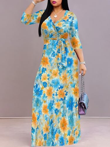 Image of Women's V Neck Floral Maxi Dress 3 /4 Sleeve Plus Size Boho Wrap Flowy Long Dresses with Belt