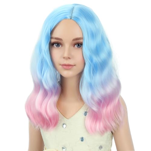 Image of PATTNIUM Blue Ombre Pink Short Curly Wavy Wigs for Kids Girls Side Part Shoulder Length Heat Resistant Synthetic Wig Halloween Cosplay Costume Party Wigs