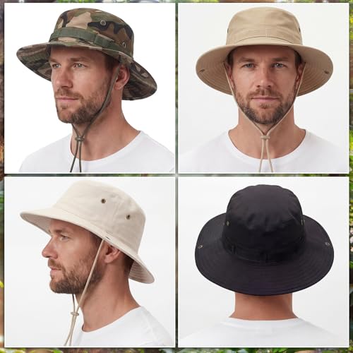 Image of 4 Pack Boonie Safari Hats for Men Women, Wide Brim Sun Hats with Chin Strap for Fishing Hiking Lightweight
