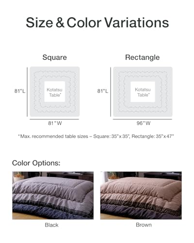 FULI Japanese Kotatsu Blanket, Warm Quilted Kotatsu Futon Comforter, 100% Cotton Top, Made in Japan, 81x96 in / 205x245 cm Rectangle (Black)