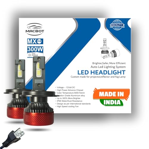MACBOT H4/H19 Type LED Headlight Bulb 300 Watt MX-H4, with 2-Year Replacement Warranty - Made in India for Cars (150 Watt Each Bulb) Super Bright White Light, Easy Installation,Durable