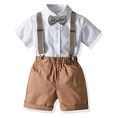Baby Boys Summer Christening Suit Set 3-Piece Summer Suit Short-Sleeved T-Shirt + tie + Short Braces Boys Wedding Set Festive Suit Gentleman Clothing Set 1-7 Years Khaki Cover