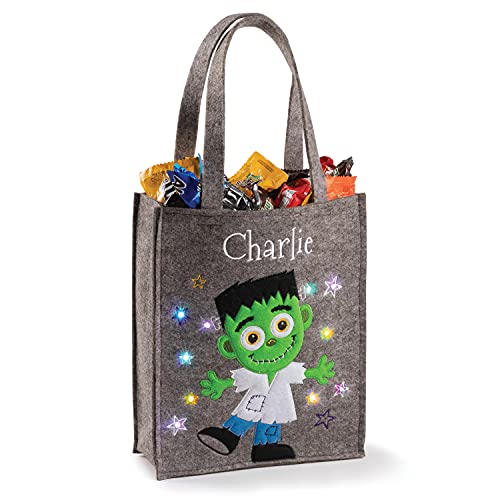 Personalized Planet LED Happy Frankenstein Halloween Light Up Trick or Treat Bag | Custom Name Embroidered on Gray Candy Basket for Kids | Costume Accessory