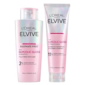 L’Oréal Paris Elvive Glycolic Gloss Shampoo and Conditioner Set for Dull Porous Hair, Get The Shiniest Hair of Your Life, Glossing Routine for Mirror-Like Shine