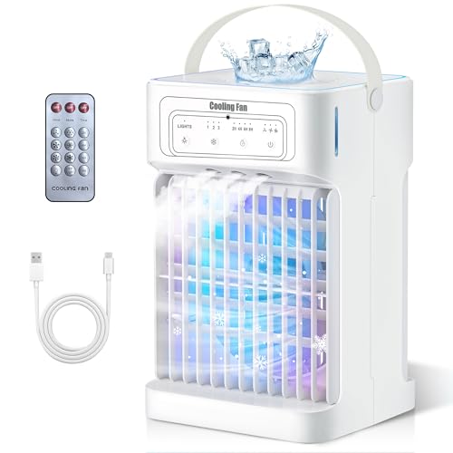 Klimaanlage Mobil 4-in-1 Mobile Klimaanlage Ventilator mit Wasserkühlung 1100ml Wassertank Air Conditioner mit 3 Windgeschwindigkeiten 7 Farben Licht 3 Sprühfunktion 2-8H Timer für Schlafzimmer