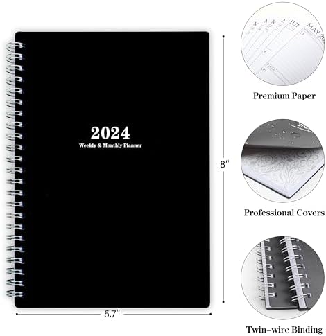2024 Diary - Diary 2024 A5 Week to View Academic Diary Planner January - December 2024, Weekly and Monthly Planner 2024 with Flexible Cover, Twin-wire binding, Black (15 x 21 cm)