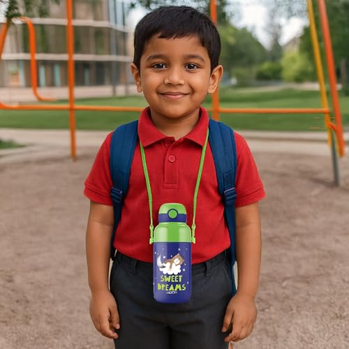 Image of Milton Steel Indus 400 Thermoware PU Insulated, 390 ml Water Bottle with Straw for Kids, Leak Proof Flip Top Sipper Lid Bottle, School, Picnic, Easy to Carry Belt, Dark Blue