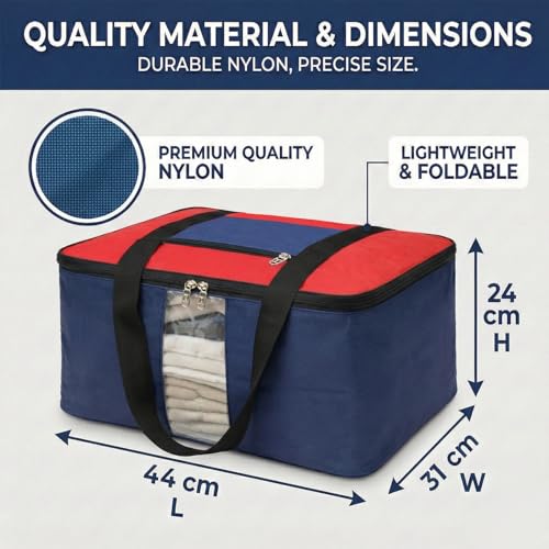 Image of EASY HOME 33 litre Under bed Storage Bags for Clothes | Cloth Storage Organizer with Zip Closure | Wardrobe Bag for Sarees & Blankets | Moisture Proof Nylon Cover Bag (Red & Black, Pack of 2)