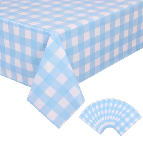Image of Kesfey 12 Packs Light Blue Gingham Tablecloth Pale Blue and White Checkered Tablecloths 54 x 108 Inch Disposable Plastic Gingham Tablecovers Waterproof Rectangle Picnic Table Cover for Birthday Party