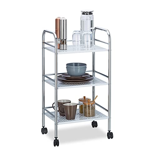 Relaxdays Camarera de 3 Pisos, Carrito Cocina con Asas para Empujar, Hierro Cromado, 75 x 40,5 x 31 cm, Blanco