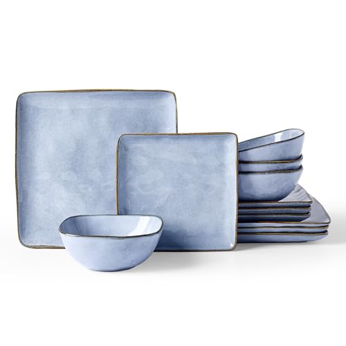 Famiware Dinnerware Sets for 4, Ocean Square 12-Piece Kitchen Plates and Bowls Sets, Reactive Glaze, Microwave and Dishwasher Safe, Scratch Resistant, Blue Famiware Dinnerware Sets for 4, Ocean Square 12-Piece Kitchen Plates and Bowls Sets, Reactive Glaze, Microwave and Dishwasher Safe, Scratch Resistant, Blue