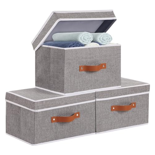 YheenLf Storage Bins with Flip-Top Lids, 3-Pack Linen Fabric Foldable Clothes Boxes, Organizer Containers Baskets Cube with Handles for Bedroom Closet Office, Gray, 33×23×20 cm