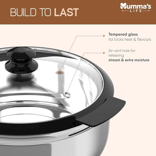 Image of Mumma's LIFE- Stainless Steel Thermoware Casserole with Glass Lid| Hot Pot Roti Box with Lid Set of 2 (Silver, 2500ml X 2pcs)