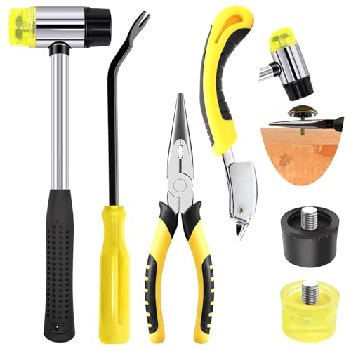 Yauhar 6 Pcs Upholstery Remove & Install Tools Kit Contains Rubber Mallet Hammer with 2PCS Replacement Head, Nail Tack Remover, Staple Tack Lifter and Removal Pliers for Furniture Floor Jewelry