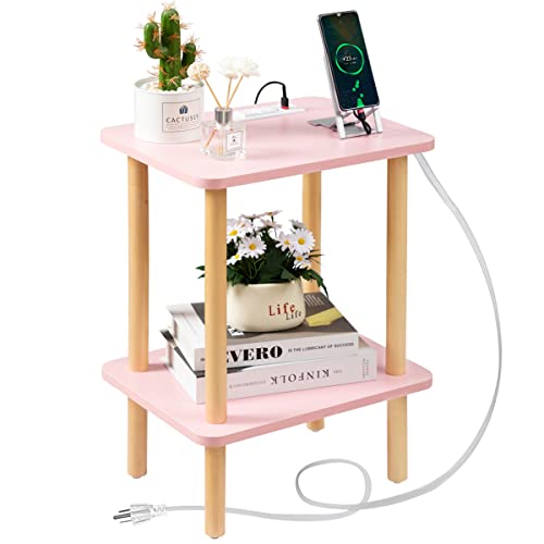 Image of FORAOFUR Side Table with Charging Station, Small Side Table with 2 USB Ports and Outlets, Small End Tables for Small Spaces in Living Room, Bedroom & Nursery, 2 Tier Small Nightstand