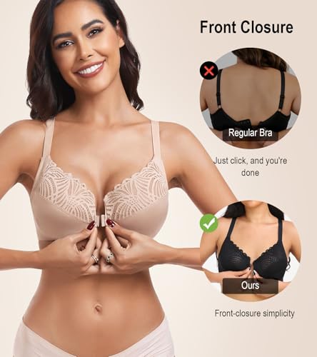 Image of HACI Women's Front Closure Bra Underwire Unpadded T-Back Plus Size Lacy Full Coverage Racerback T-Shirt Unlined
