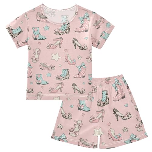 Pajama Short Sets Shoes and Stars on Pink Soft Cotton Summer Sleepwear 2 Piece PJS Size 5-14T
