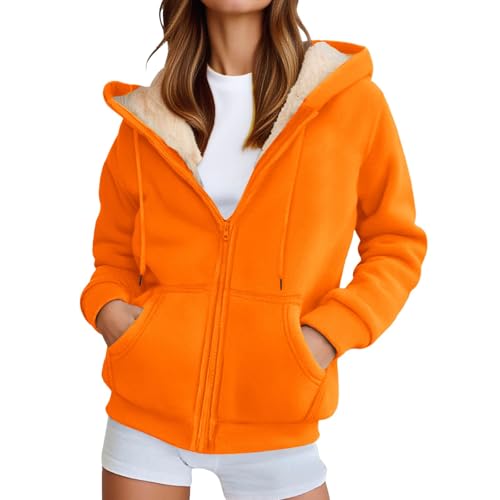 Generisch Fleecejacke Damen Hoodie Kapuzenpullover mit Zipper Fleecepullover Dick Warm Sweatjacke Outdoor Winterjacke Einfarbig Kuschelpullover Damen Warmer Pullover (c-Orange, XXL)