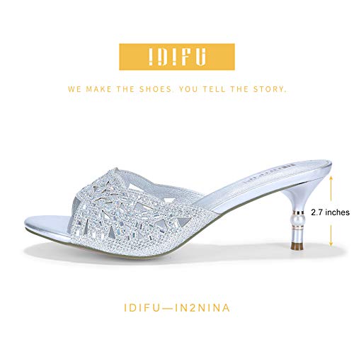 Idifu Womens Silver Gold Wedding Shoes For Bride Bridesmaid Low Kitten Peep Toe Heels Dress Sandals Glitter Formal Slide Mules With Heel(Silver Glitter, 9) #TOP1