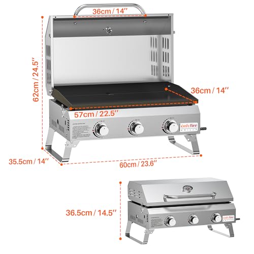 Onlyfire 3-Burner Gas Griddle, Portable Tabletop Gas BBQ with Non-Stick Ceramic Coated Plancha, 7KW High-Power Outdoor Grill with Lid & Thermometer for Camping, Patio & Garden, Silver - Image 3