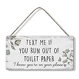 Text Me if You Run out of Toilet Paper Sign, Funny Wooden Hanging Sign with Rope Farmhouse Decor Rustic Retro Wall Art Wood Hanging Wall Plaque Sign, Home Bathroom Decor Toilet Sign 12'x6'