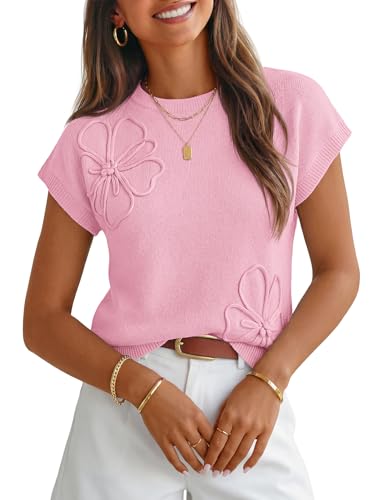 MEROKEETY Women's Summer Short Sleeve Sweater Vest Floral Knit Cute