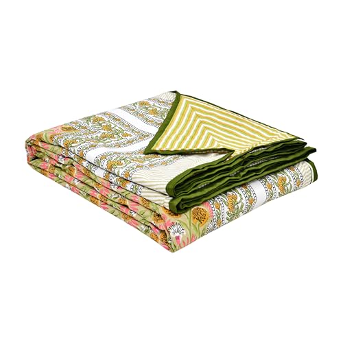 Image of BLOCKS OF INDIA Hand Block Printed Cotton Single Size Reversible Malmal Dohar for Summer (Green GAD BUTI)