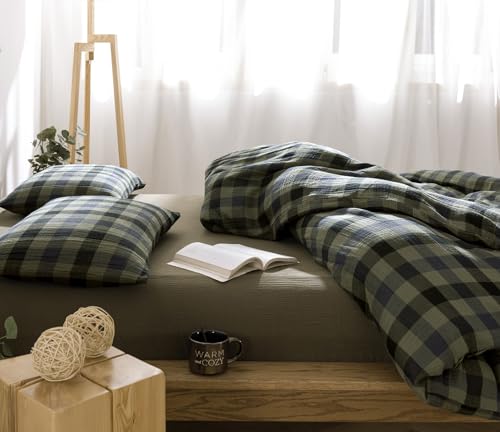 Image of VM VOUGEMARKET Green Navy Plaid Duvet Cover King Muslin Cotton Bedding Set Soft Breathable Linen Like 3-Layer Gauze Comforter Cover with Zipper Closure for Adults-3 Pieces,104 inchx90 inch