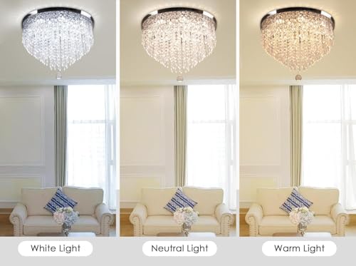 Image of Modern Design Flush Mount Ceiling Light 3 Color Changing Crystal LED Jhumar Light Chandelier for Living Room, Dining, Hall, Bedroom Fixture Pendant Lamp (Steel, 63 Watt, 53cm)