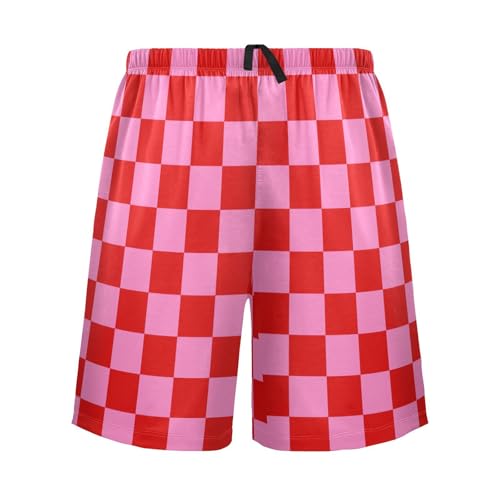 Men's Pink and Red Buffalo Checkered Pajama Shorts with Pocket and Drawstring S