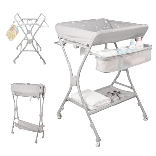 Baby Changing Table Infant Changing Unit Foldable Changing Station with Storage Organizer and Wheels Hanging Racks, Baby Care Station for Newborn Babies