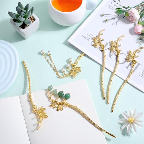 SUNNYCLUE 6Pcs Gold Alloy Bookmark Flower Hairpin Bookmarks Bulk Vintage Chinese Style Bamboo Leaves Metal Hair Sticks Hairpin Stripe Golden Classical Bookmarks for Crafting DIY Findings Handmade - Image 4
