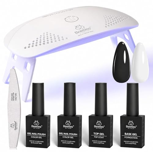Image of Beetles 2 Colors 8ML White Black Gel Nail Polish Kit with U V Light, 6 Pcs Gel Polish Set Classic DIY Manicure Kit with Base & Top Coat Nail File for Beginners Soak Off Gifts for Women