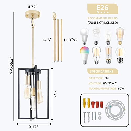 Industrial Farmhouse Pendant Lights, Rectangle 3-Light Modern Black and Golden Chandelier,Geometric Metal Cage Adjustable Rods Pendant Lighting Fixture for Kitchen Island Dining Room Living Room Foyer - Image 4