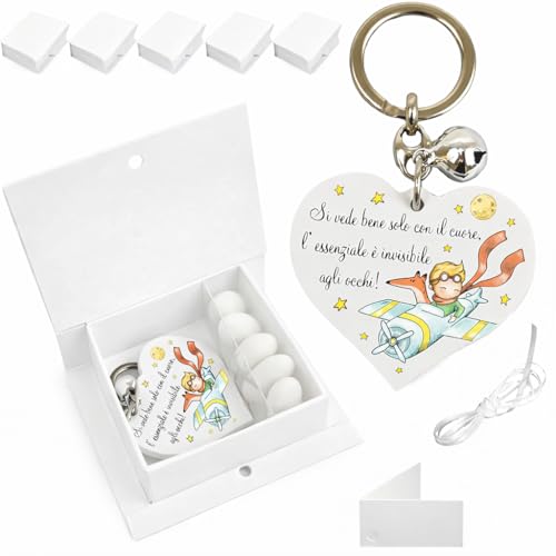 Generico Mi Piace 6 Bomboniere Portachiavi con Chiamangeli, Scatola, Confetti, Nastro e Biglietto Coordinato (Piccolo Principe)