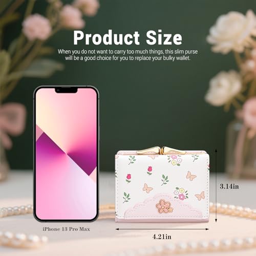 Image of YINHEXI Cute Trifold Wallet for Women Girls, Press-Lock Coin Wallet with ID Window, PU Leather Floral Small Wallet, Fits Purses & Pockets (Floral Pink2)