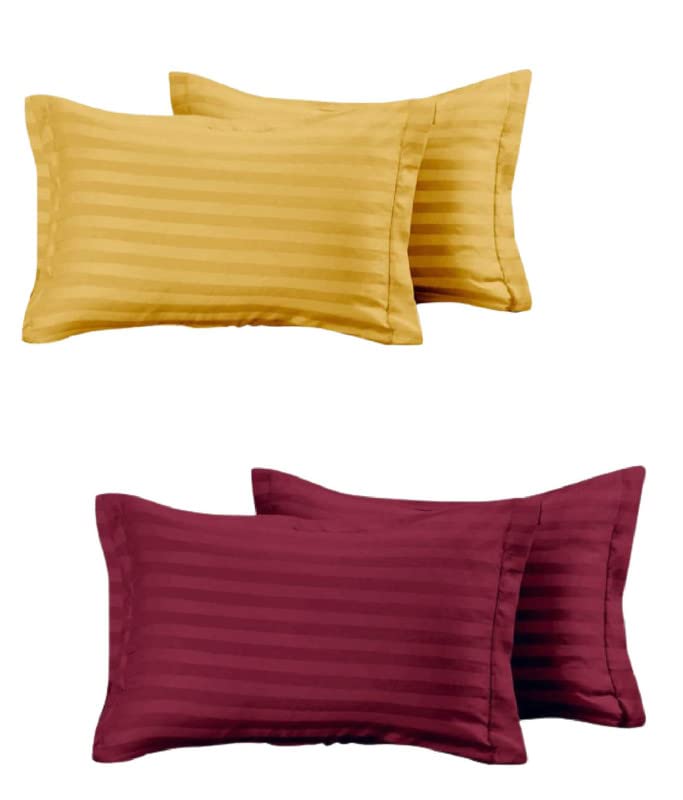 Image of 210 TC 100% Cotton Pillow Covers Set of 4 | Ultra Soft Satin Striped Pillow Case | 18 x 27 Inches | Maroon & Yellow