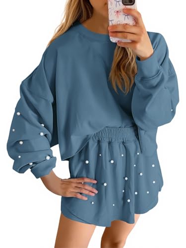Fisoew Womens Casual 2 Piece Outfits Long Sleeve Pearl Sweatshirt