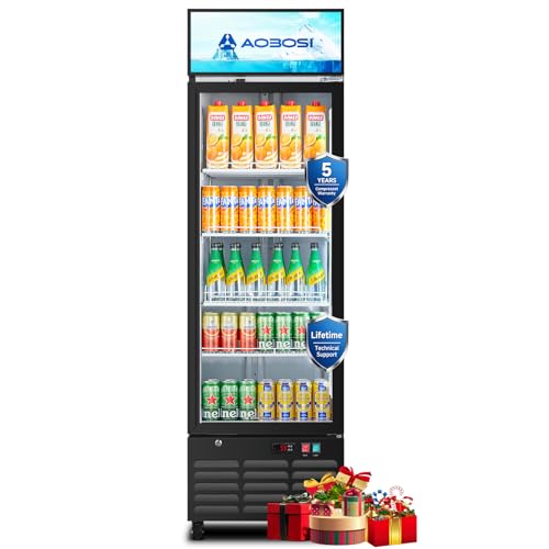 AAOBOSI Commercial Merchandiser Refrigerator,12.29 Cu.Ft Glass Door Display Refrigerator,Upright Beverage Cooler Fridge with Soft LED Light, Customizable Lightbox,Universal Casters, Adjustable Shelves