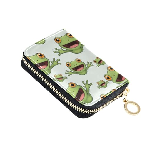 GAIGEO Cute Card Holder RFID Blocking Leather Wallets for Women Small Coin Purse Pouch with Zipper Cute Cartoon Green Frogs White