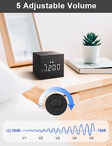 Image of JALL Digital Alarm Clock, with Wooden Electronic LED Time Display, 3 Alarm, 2.5-inch Cubic Small Mini Wood Made Electric Clocks for Bedroom, Bedside, Desk, Black